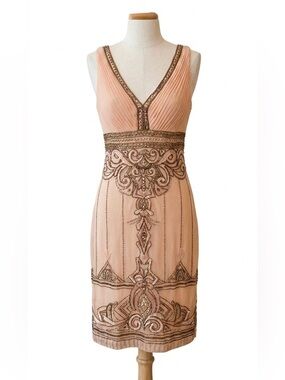 Sue Wong Nocturne Beaded Illusion Mini Dress Size 4 Peach Nude Sequin Showgirl